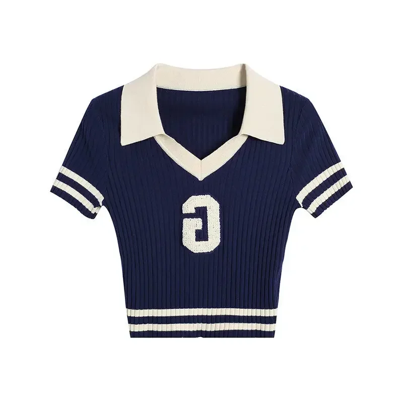 DAYIFUN-Women's Short-Sleeved Sweaters Polo Collar Striped Crop Tops Slim Knitwear Knitted Pullovers Spring Summer Jumpers 2024