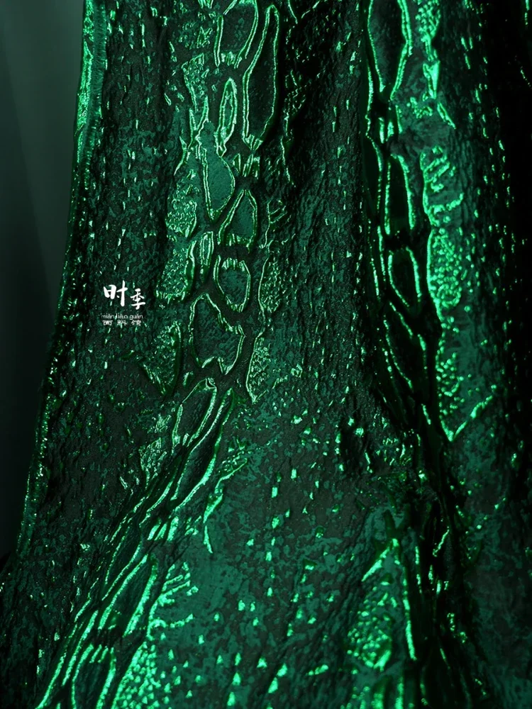 Green Black Bright Silk Jacquard Fabric Material Fossil Texture DIY Bag Coat Skirt  Designer Clothing Sewing Fashion Fabrics