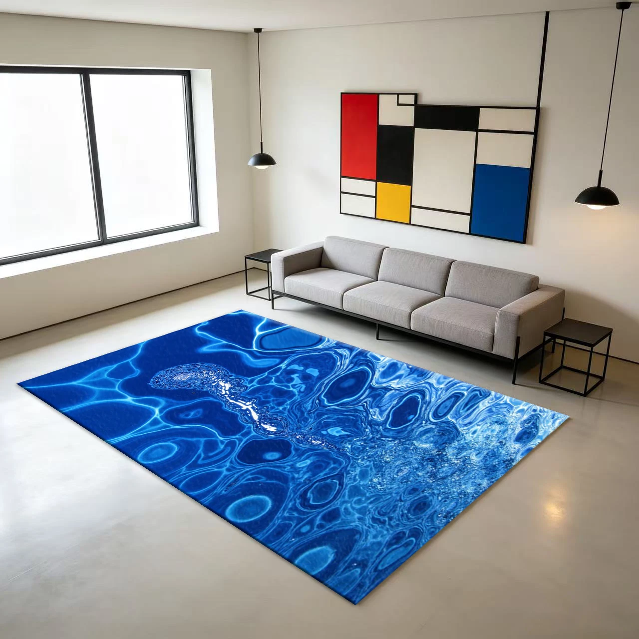 Blue Liquid Ripple Carpet Luminous Liquid Abstract Non-Slip Floor Carpet for Home Use