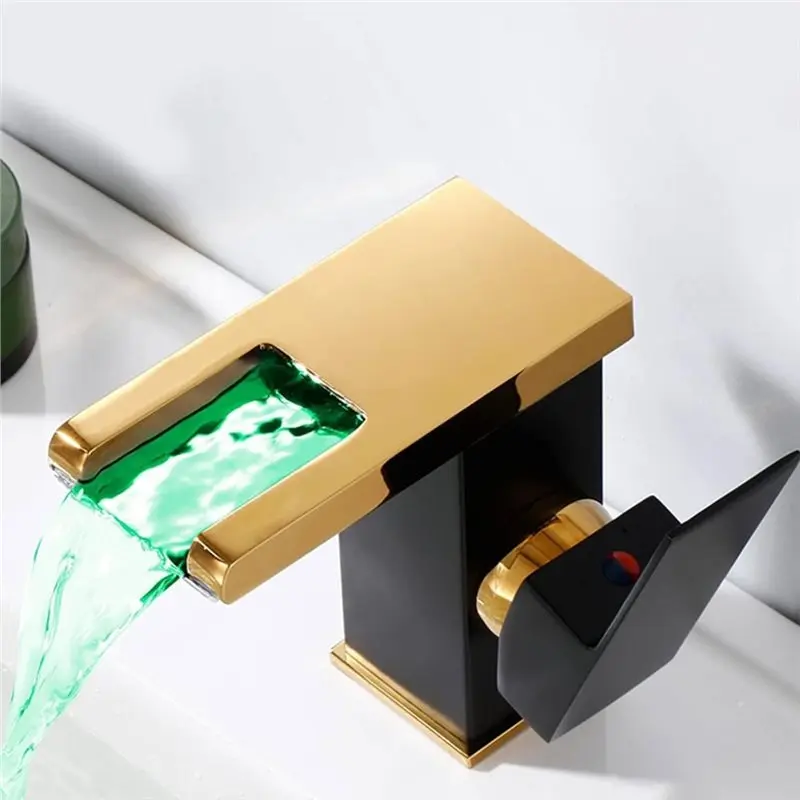 AT19-Vanity Faucet LED Bathroom Sink Faucet, Single Handle Gold Waterfall Design Color Change Water Flow Hole