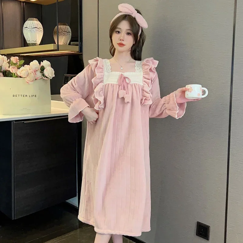 2024 Winter Long Sleeve Thick Warm Flannel Nightgowns for Women Korean Cute Lace Sleepwear Night Dress Nightdress Home Nighty