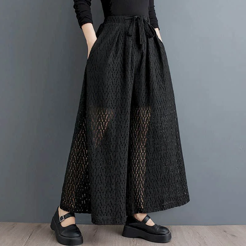 

Cargo Pants Korean Style Age Reduction Lace Hollow Out Wide Leg Pants Versatile Summer Elastic Waisted Loose Straight Trousers