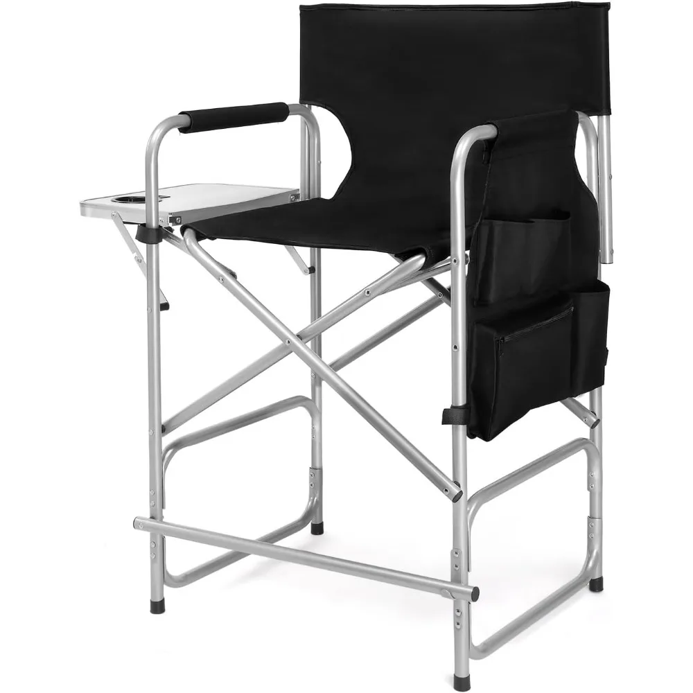 26" Tall Folding Directors Chair with Side Table,Portable Makeup Artist Bar Height, Steel Frame 300 lbs Capacity