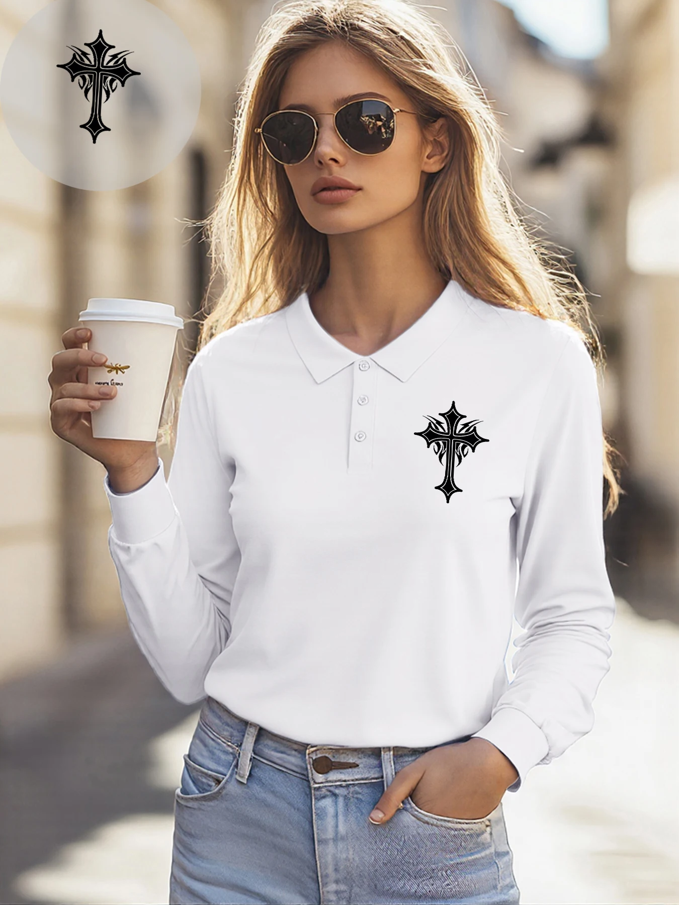 عبر نمط بسيط مطبوعة المرأة قميص بولو الخريف التلبيب كم طويل ثقافة الأعمال الملابس الهيب هوب ملابس الشارع الشهير غير رسمية