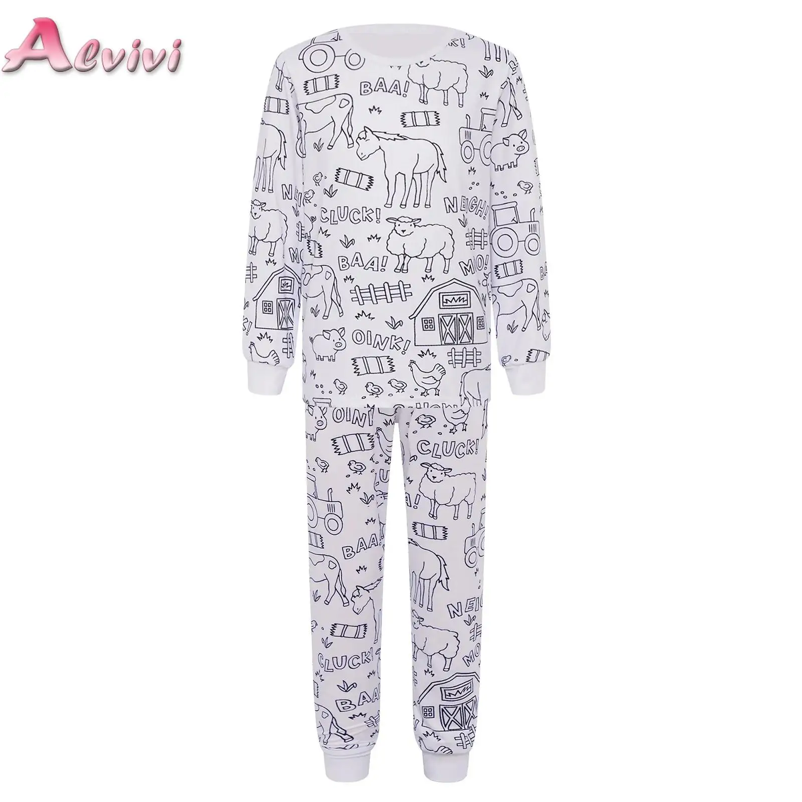 

Kids Girls Boys Funny DIY Hand Painted Pajamas Set Homewear Loungewear Sleepwear Round Neck Long Sleeve Top with Pants