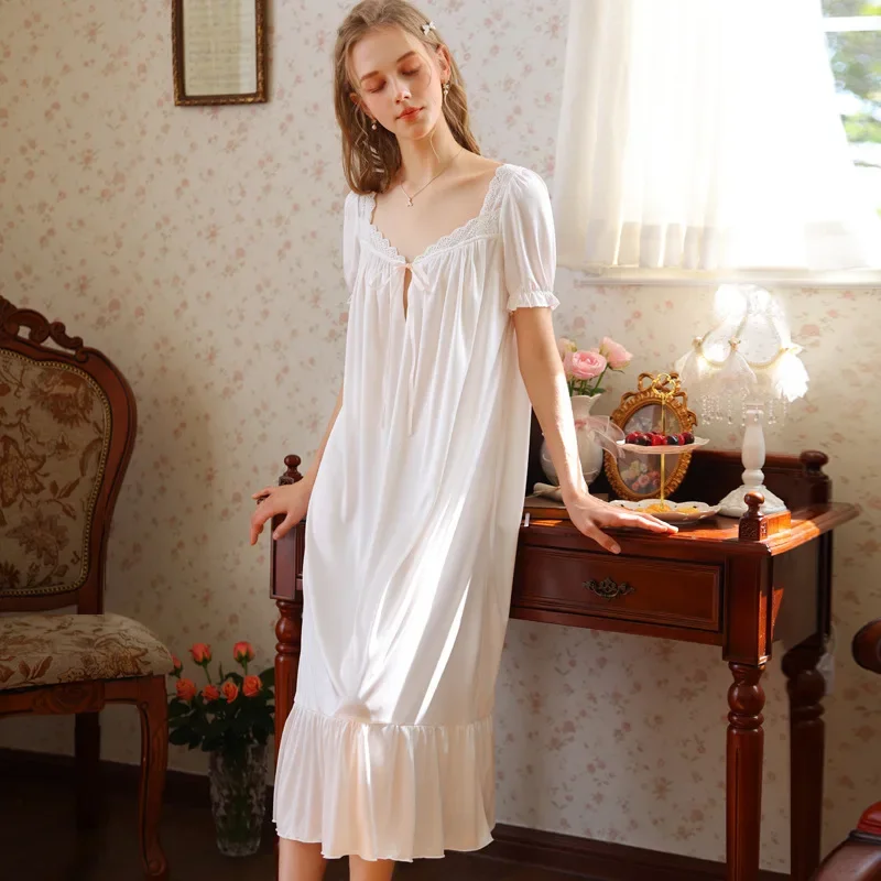 

Women's Spring and Autumn Retro Bow Short Sleeve Pajama Sweet Lace V-neck Long Pajama Princess Pajama
