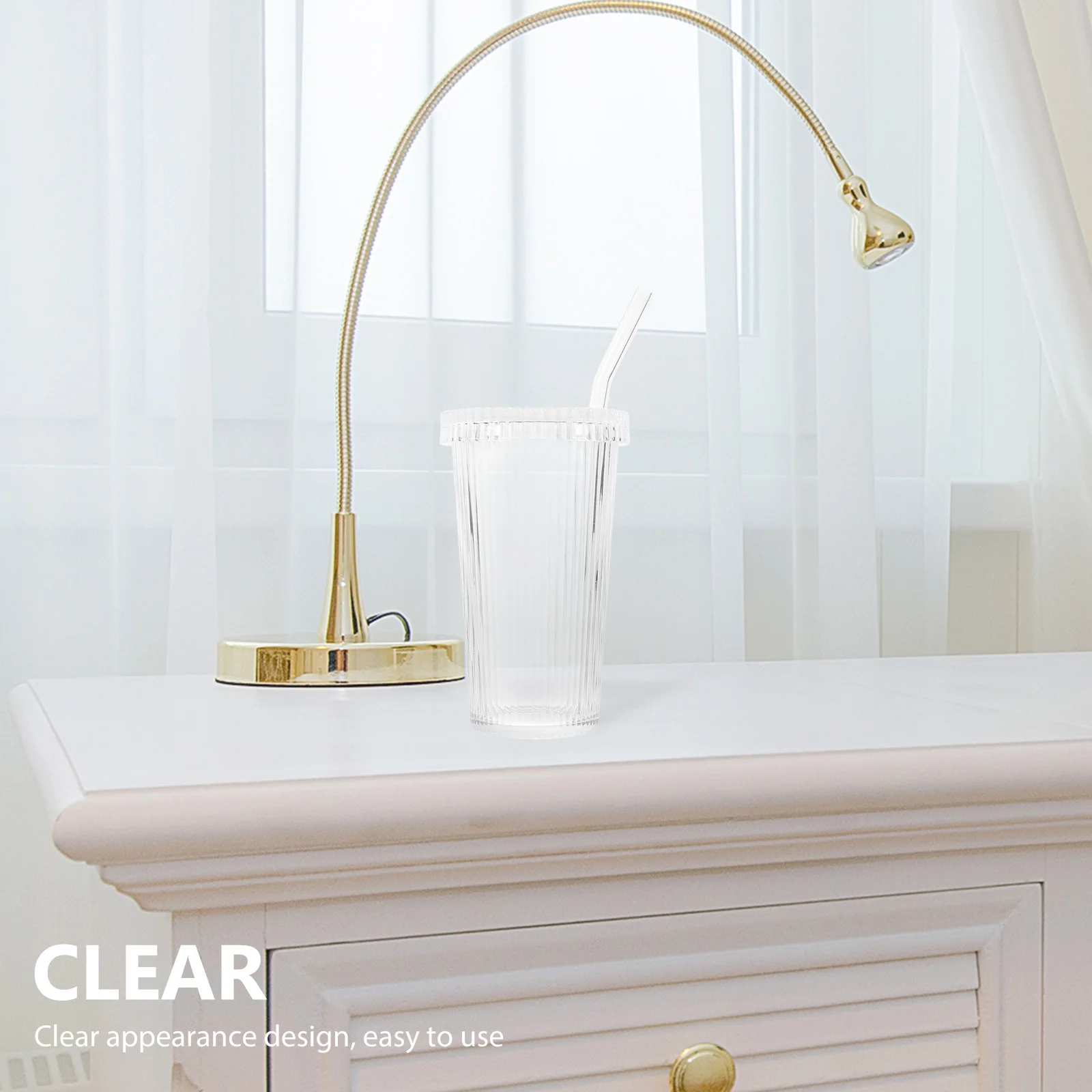 

Glass Cup with Lid and Straw Vertical Stripe Coffee Water Juice Milk Tea Clear Drinking Cup Glass Cups with Lids and Straws