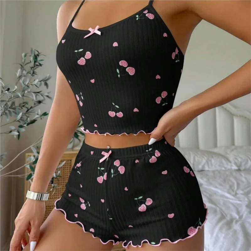 Women's Bow Print Straps Top Elastic Waist Shorts Two-piece Set Casual Soft Cute Printed Lady Pajamas Set Comfortable Homewear