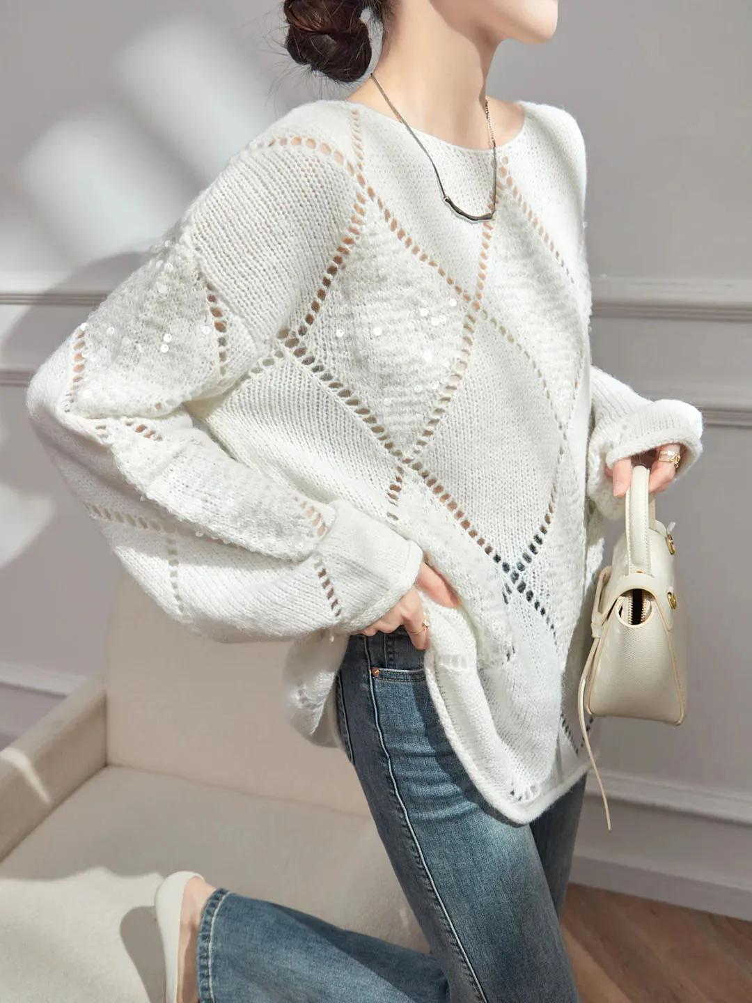 Ladies Elegant Fashion Beading Knitted Women Hollow out Mohair Pullover Autumn Winter Crew Neck Long Sleeve Sequin Sweater Tops