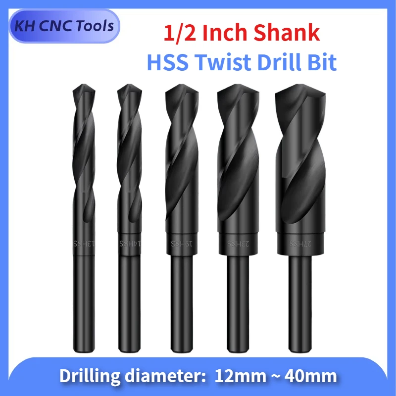 Twist Drill Bit Reduced Shank 1/2'' Nitride Coated Hole Drilling Cutter HSS Black Reduced Shank Twist Drill Bits for Metal Wood