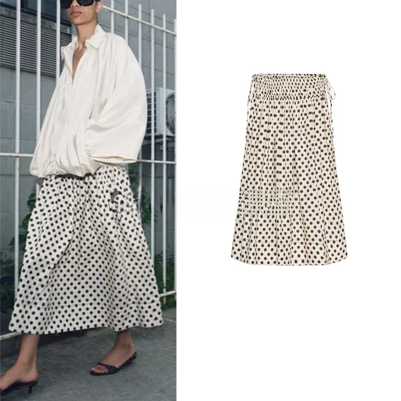 

Summer Women's Midi Skirt Elastic Waist Straight Hem Polka Dot Print Casual Sle Polyester Fiber A-Line Skirt 36607