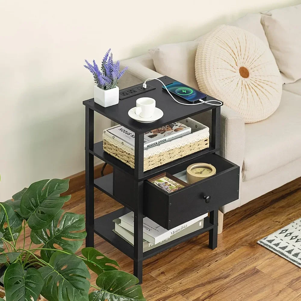 

Nightstand with Charging Station and USB Ports, 3-Tier Storage End Table with Drawer Shelf, Night Stand for Small Spaces Wood