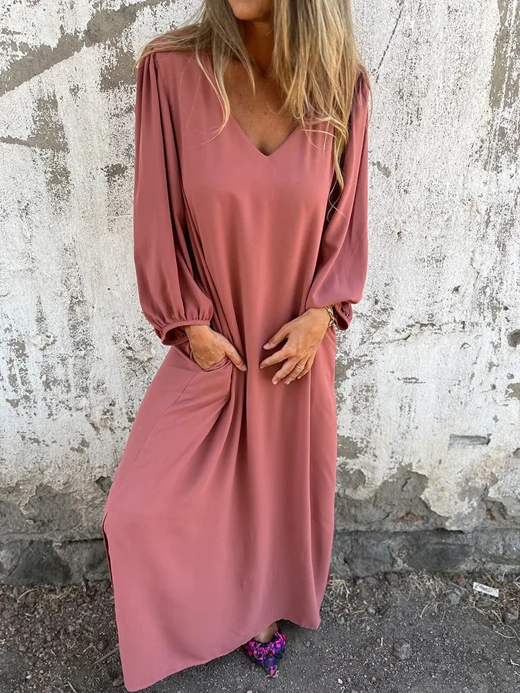 

2024 Spring Autumn Women's New Sexy V-neck Solid Color Fashion Lantern Sleeve Long Sleeve Casual Loose Dress