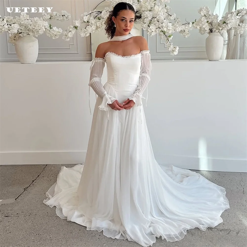 

UETEEY Customized Off Shoulder Ruched Chiffon A Line Wedding Dress For Women Princess Lace Up Back Court Train Bridal Gown