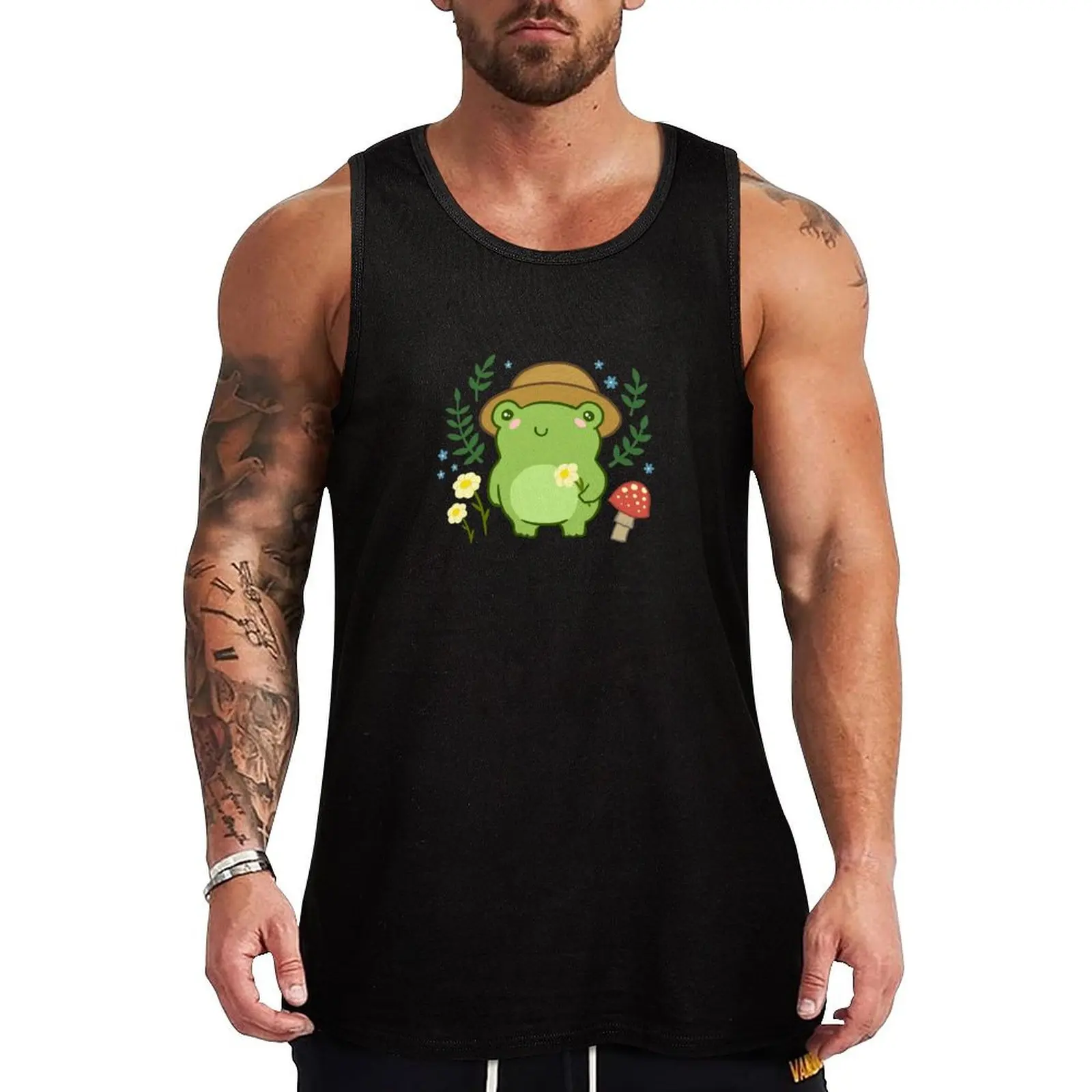 Cute Green Frog with Gardener Hat - Mushroom Flower Blossoms Plants Kawaii Aesthetic - Funny Cottagecore Froggy Nature  Tank Top