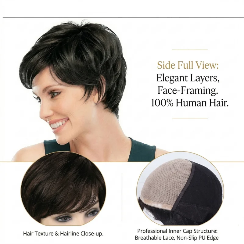 Rich Chocolate #2 Dark Brown Pixie Cut Wig 6x6 Silk Base PU Front Glueless Wear and Go Wig 100% Brazilian Remy Hair Short Wigs - view 3