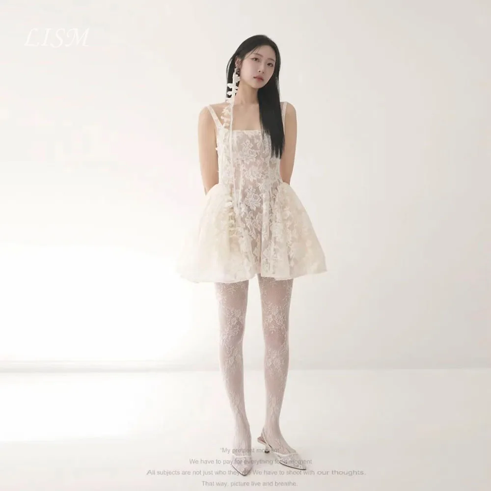 Lism Customized Modern Mini/Short Wedding Party Dress Sqaure Collar Ivory Lace A-Line Korea Photo shoot Bridal Reception Gown