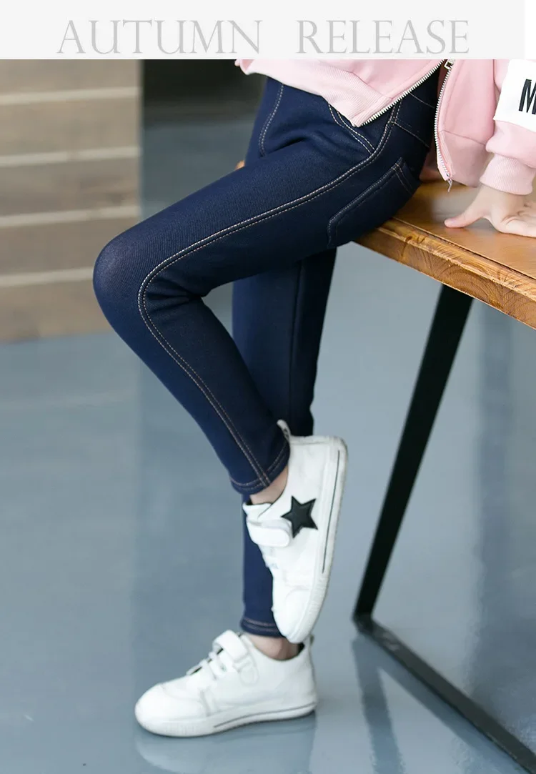 Girls Winter Cowboy Denim Long Pants Kids Thicken Warm Trousers Girls Skinny Thick Leggings With Fleece Elastic Waist Trousers