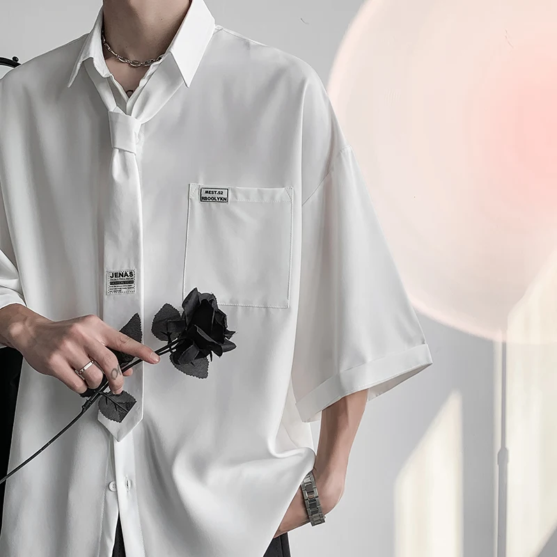 Ice Silk Pocket Shirt Short Sleeve Thin Model for Summer Men Women Couple Style Harajuku Loose Fit Youth Trend No Ironing