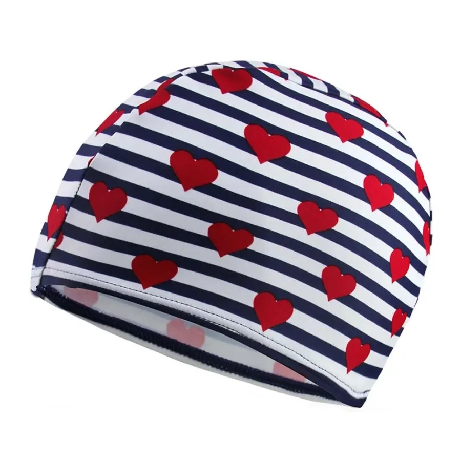 

Kids Elastic Swimming Cap Cloth Fabric Swim Caps Blue Striped Love Print Bathing Cap
