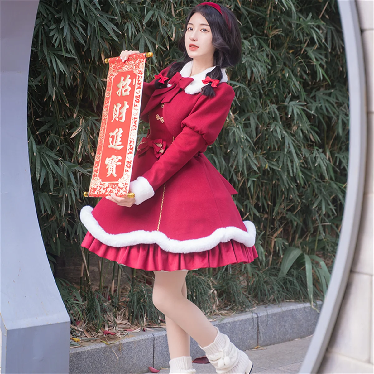 Chinese Sweet Style Lolita Cosplay Kawaii Girls Jsk Winter Red Warm Happy New Year Bowknot Fluffy Hemlines Christmas Dress