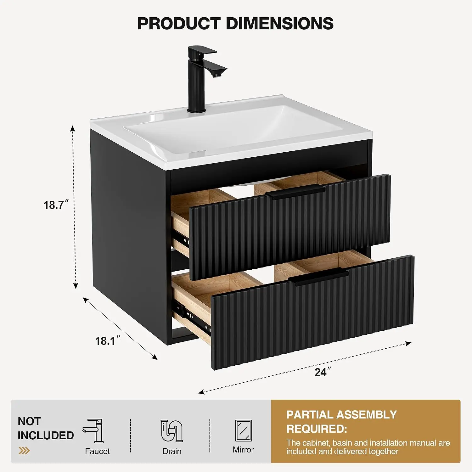 24 Inches Modern MDF Bathroom Vanity with Sink, Wall Mounted Floating Cabinets w/Double Drawers, Black Handles, White Resin