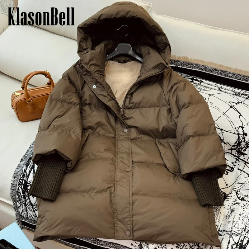 9.5 KlasonBell Women Fashion Casual Ribbed Knit Long Sleeve Spliced Design Hooded Mid-Length White Goose Down Outerwear