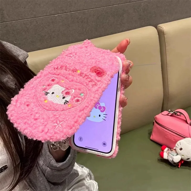 Cute Plush Pink Hello Kitty Mirror What About Cashmere Wool Warmth Flip Phone Case For iPhone 16 15 13 Pro Max KT furry Protect