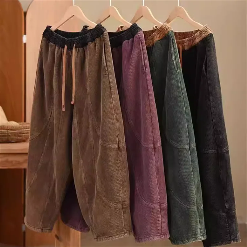 2024 Winter Fashion Corduroy Pants Women High waist Casual Loose Vintage Warm lint Lantern Harem Trousers Ladies Elegant R502