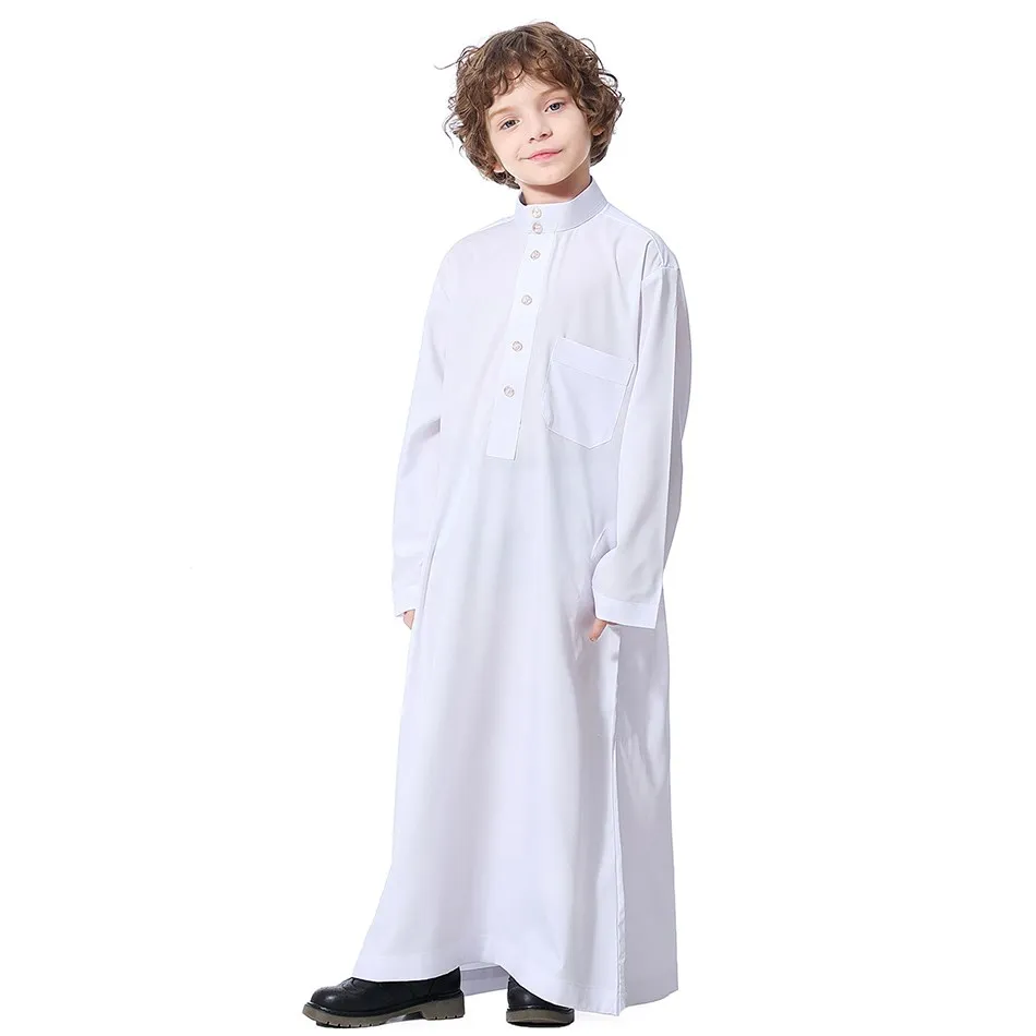 Children Robe Teens 2023 New Solid Color Clothes Boys Summer Muslim Thawb Kids Arab Folk Outfit Long Sleeve Ramadan Thobe