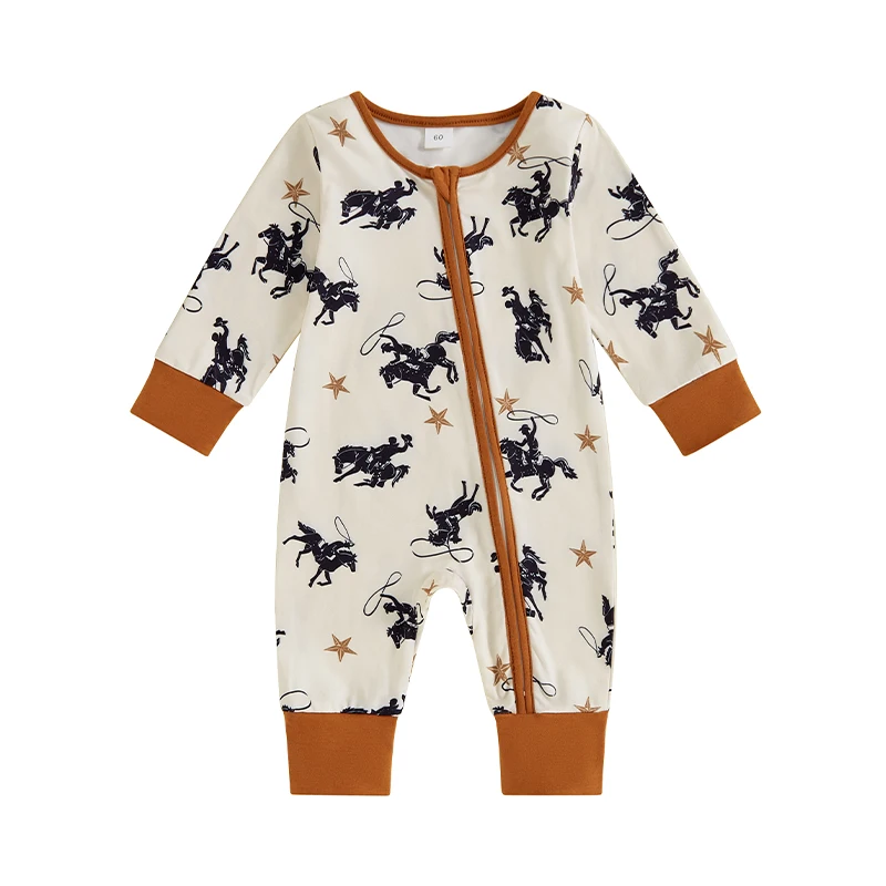 Baby Boy Zipper Romper Casual Western Cowboy Print Long Sleeve Jumpsuit for Infant Toddler Fall Outfit