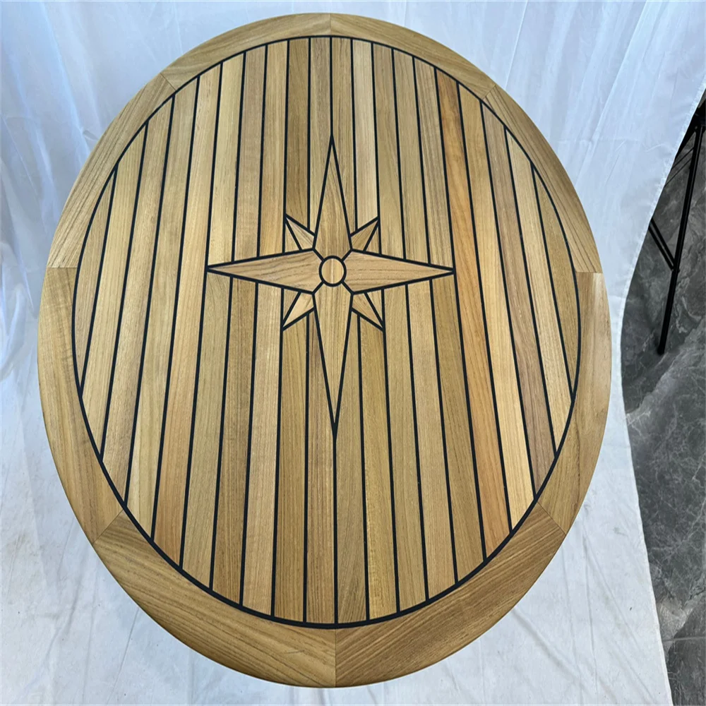 Boat Round Teak Table Top 795mm 31.3 Inch Diameter Star Inlay With Black Deck Caulking Marine Yacht Caravan RV TR80