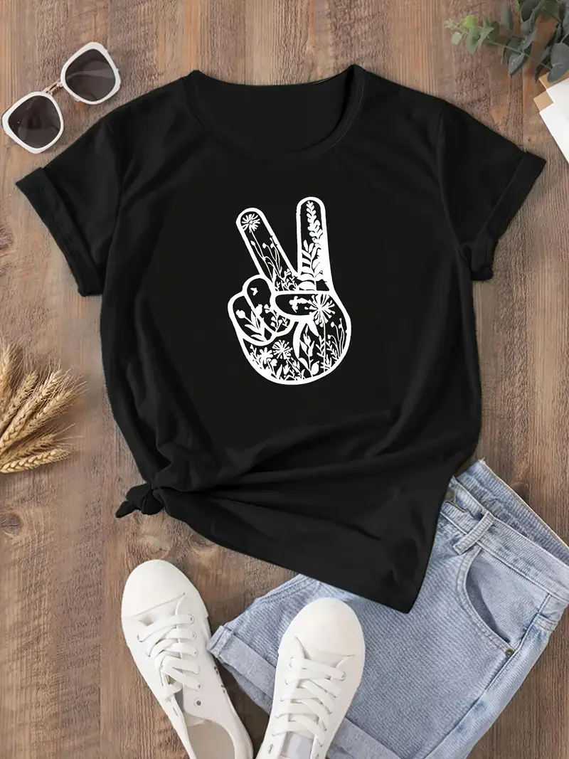 2024 Gesture Minimalist Women's T-shirt Summer Fashion Short sleeved T-shirt Top Printed O-neck Casual T-shirt Women's Clothing