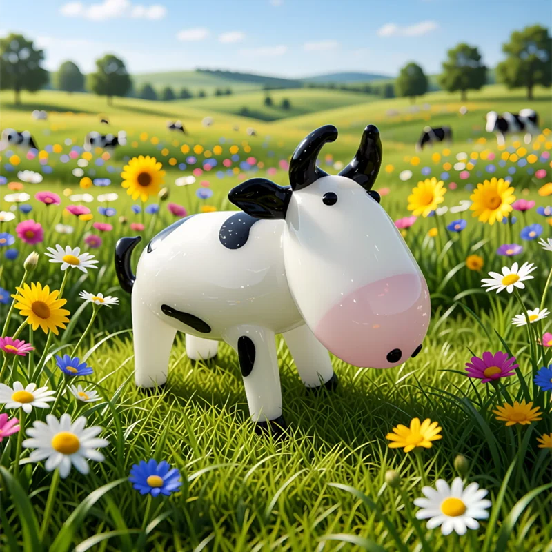 

Handmade Murano Glass Ox Figurine Cute Mini Cow Ornaments Country Fresh Style Cartoon Animal Cattle Home Table Decor Accessories