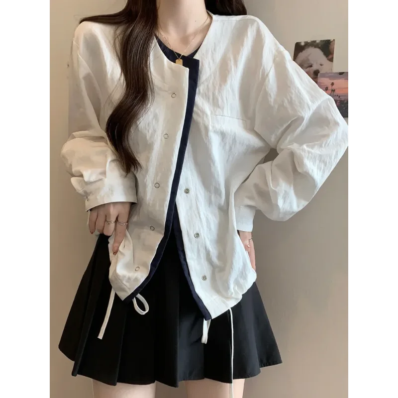 

Fake Two-piece Drawstring Shirt for Women Casual Jacket Cardigan Short Jacket Top