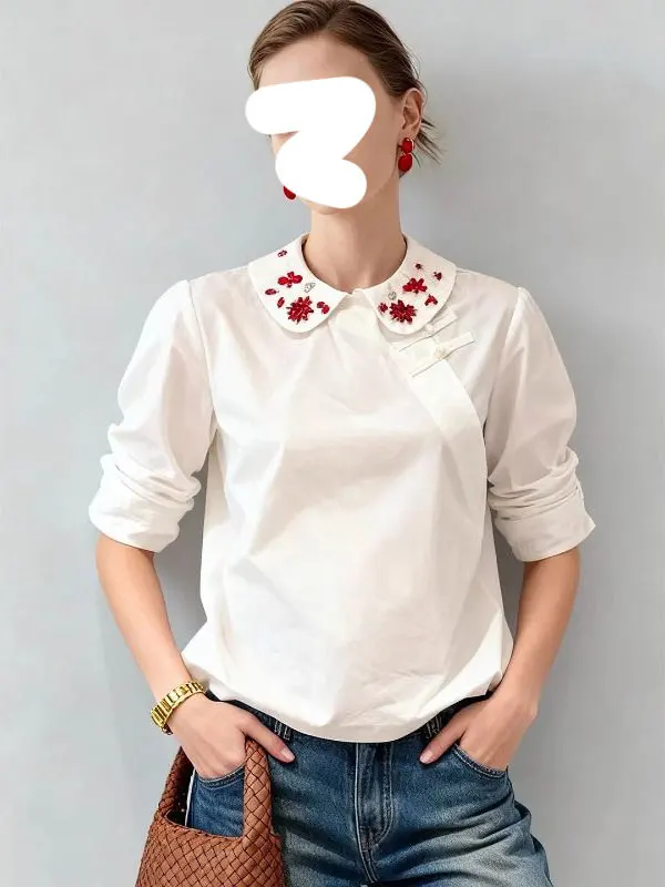 

Яркая белая блузка с пайетками и воротником-стойкой для женщин, в китайском стиле, модный ретро-топ для ранней весны