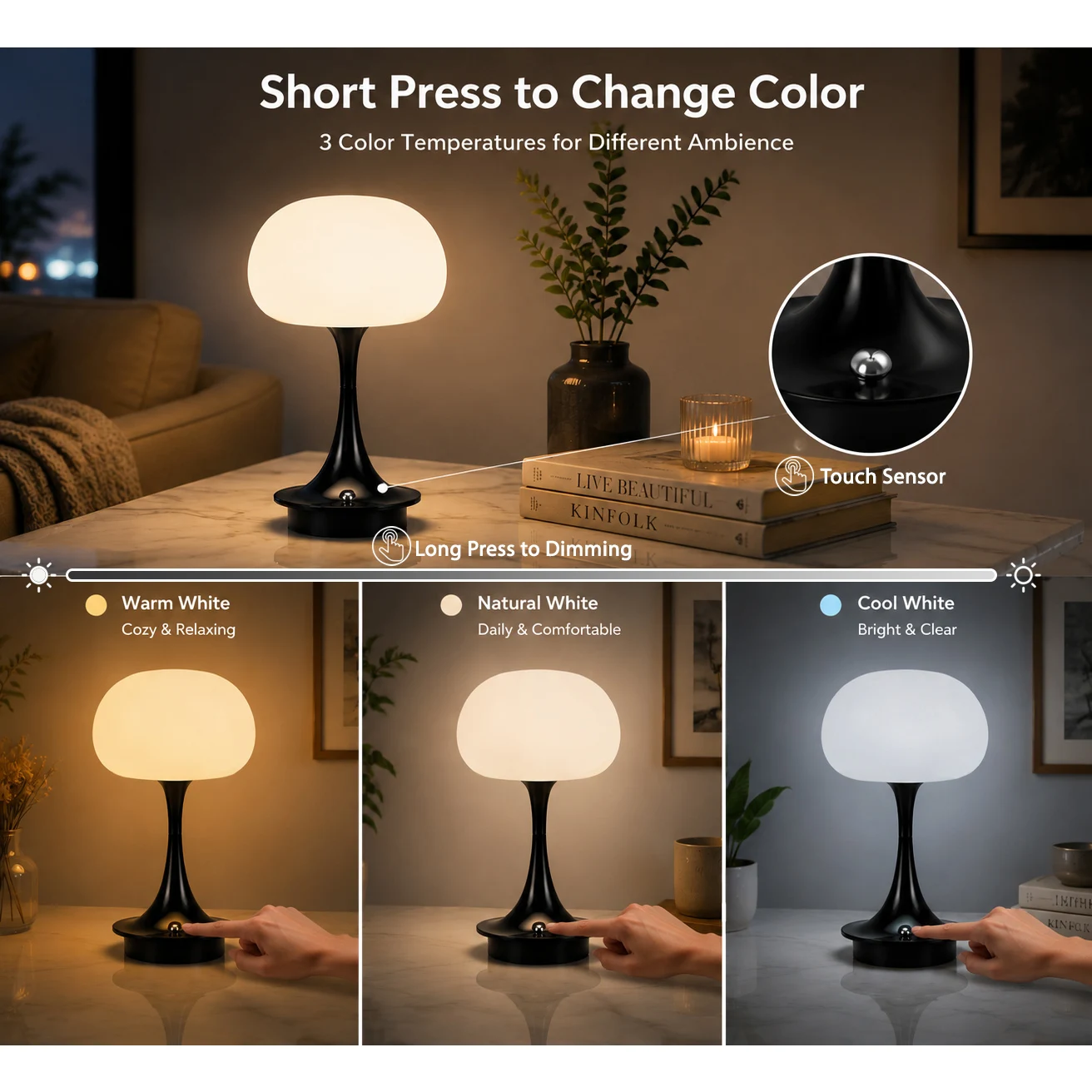 Modern Mushroom Table Lamp – Wireless Rechargeable LED Lamp with Touch Control Three-Color Lights Gift Choice