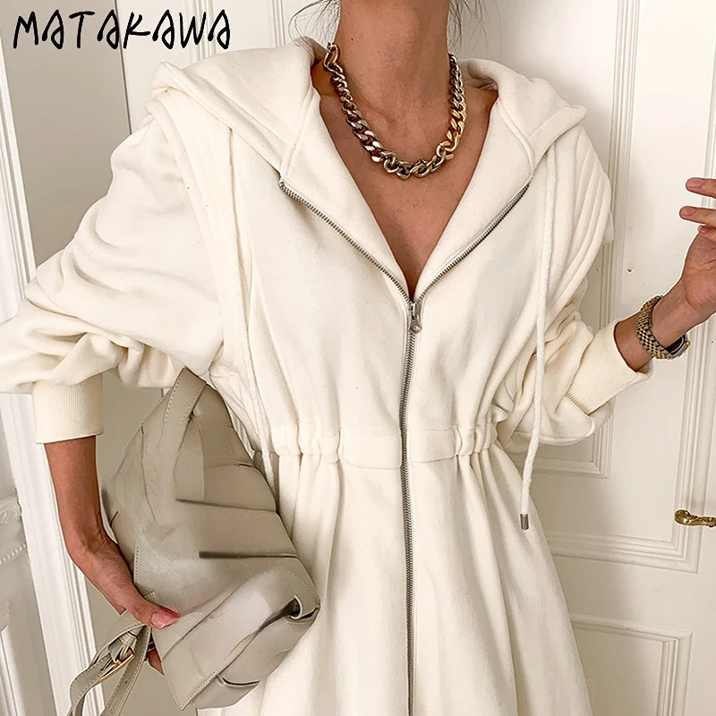 MATAKAWA Robe Korean Fashion Elegant Hooded Zipper Slim High Waist Cardigan Sweatshirt Dress Patchwork Vestidos Woman Clothes