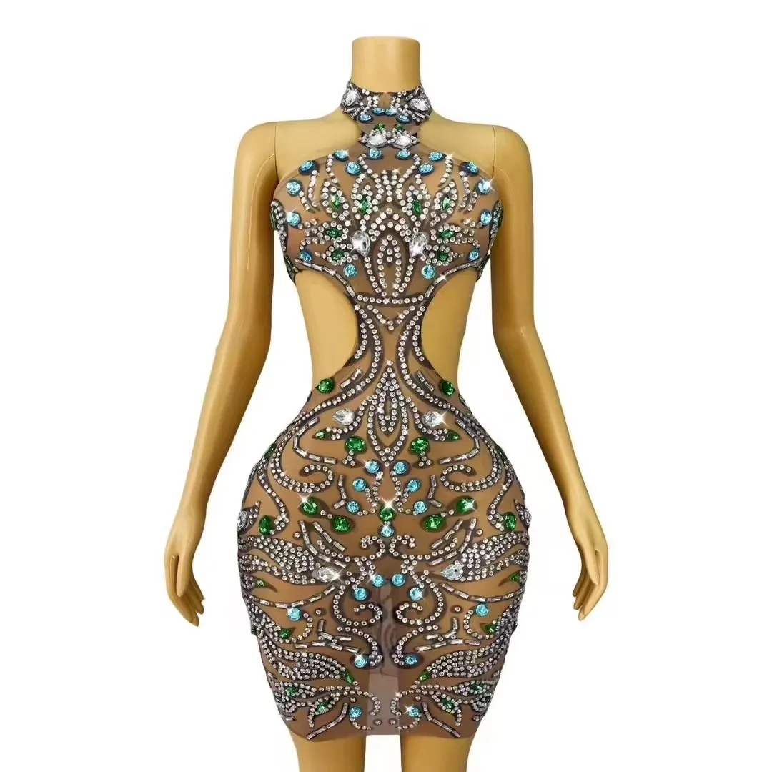 Women's Halter Short Dress with Rhinestones Sexy Backless Design Birthday Party Banquet Celebrations Singer Concerts Performan