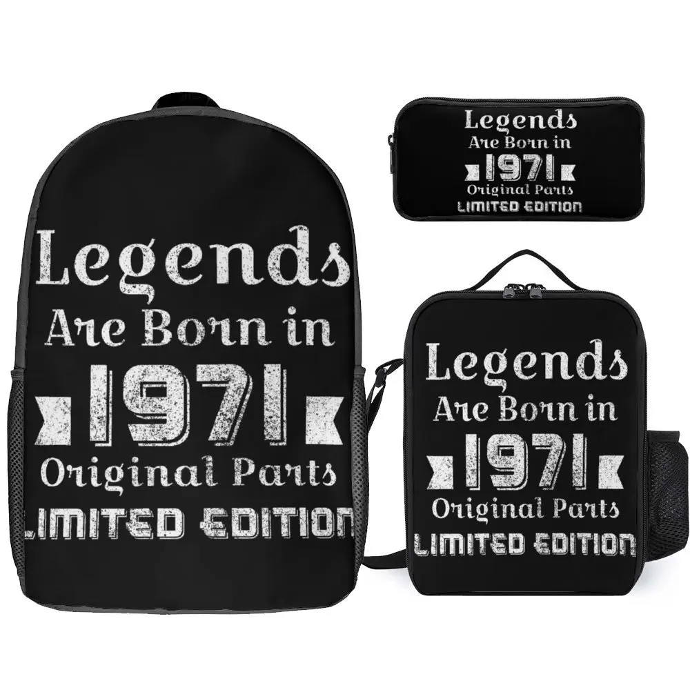 Legendes Worden Geboren In 1971 Originele Onderdelen Beperkt 3 In 1 Set 17 Inch Rugzak Lunchtas Pen Tas Zomer Kampen Grafische Vintage Secur