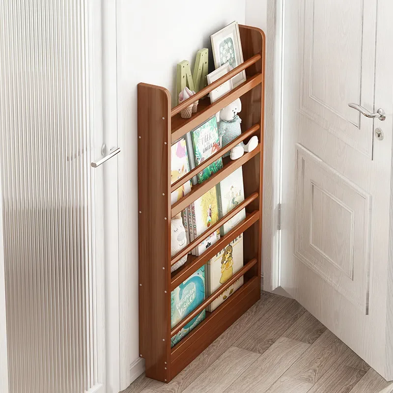 Narrow Bamboo Floor to Ceiling Bookshelf Kids Picture Book Display Rack Wall Mounted Storage for Home Study Bedroom