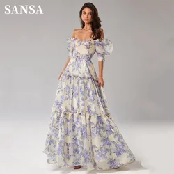 Sansa-Porcelana azul e branca A-Line Prom Dress, Sexy Puffy Sleeve, Sweet