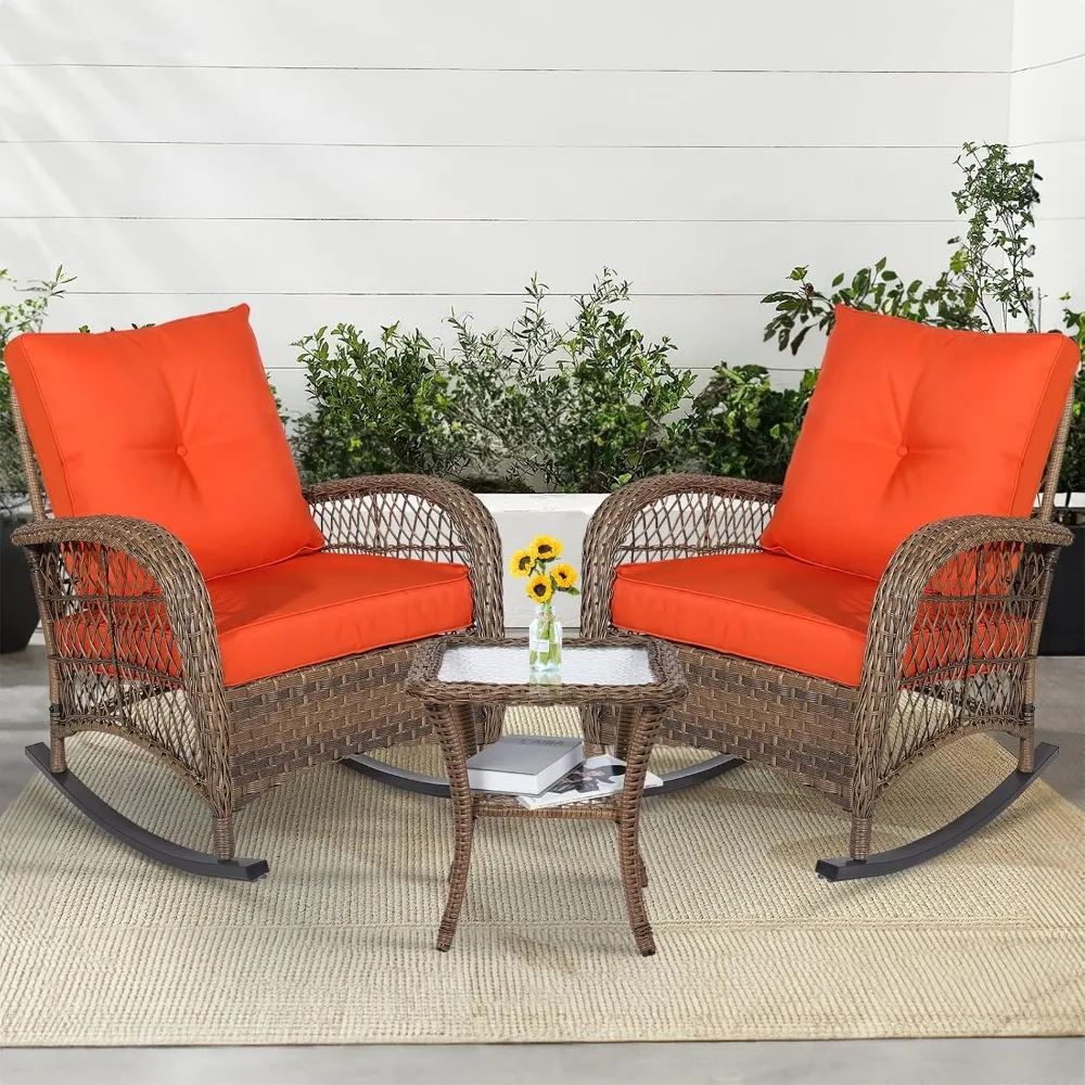 

3 Pieces Outdoor Wicker Rocking Chair Set, Rattan Patio Rocker Chairs Set with Cushions and Glass-Top Coffee Table, Conversatio