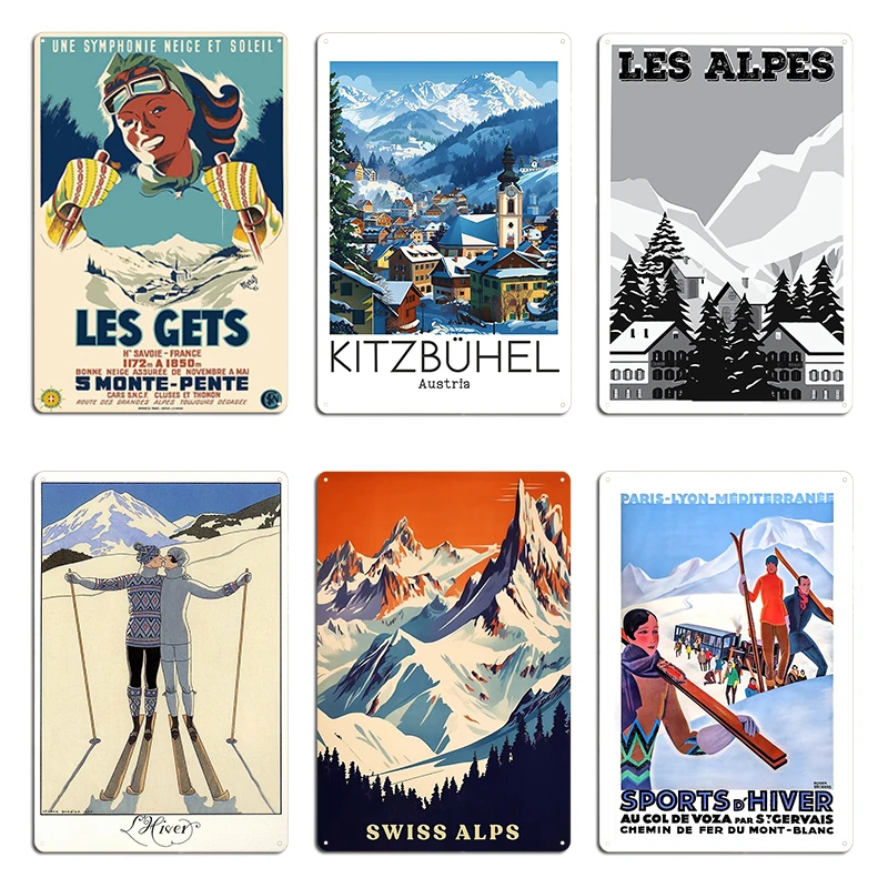 Les Deux Alpes Les Gets une symphonie neige et soleil Ski Poster Metal Signs Cinema Club Iron Wall Mural Tin Sign Poster