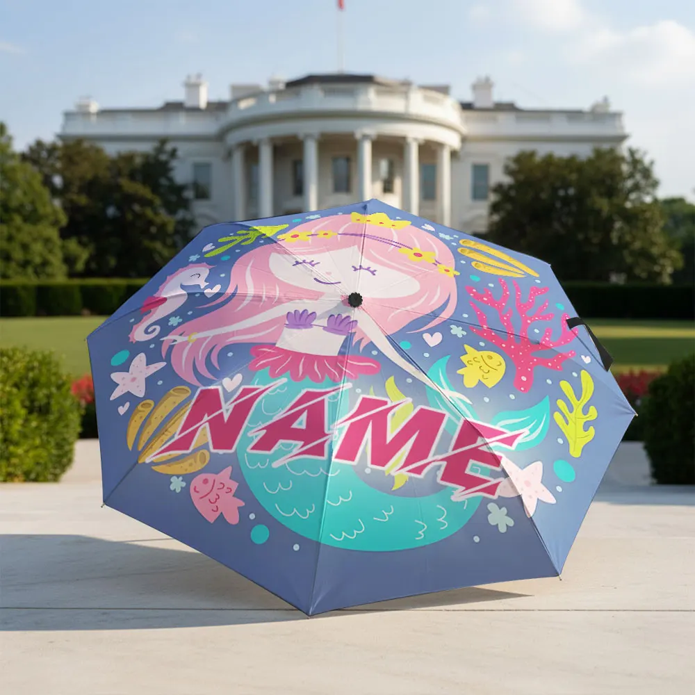 Custom Name umbrella, Cute Mermaid with Crown and Sea Creatures Print Fashion Folding Umbrella for Sunny and Rainy Days, Gift