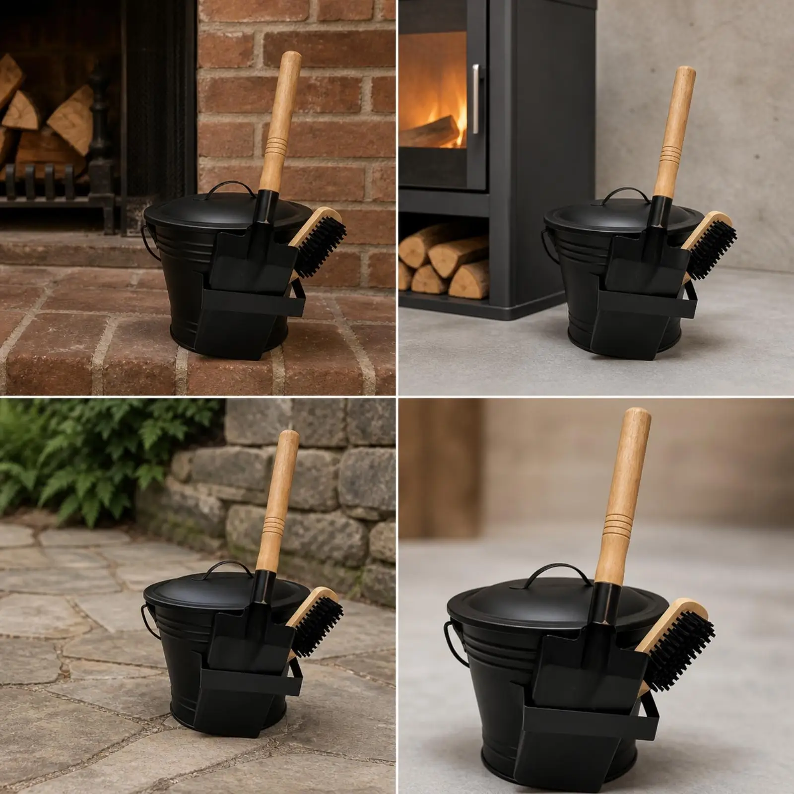 Lidded Ash Bucket with Side Tool Holder Stiff-Fiber Fireplace Ash Bucket Set with and Brush Dark Finish for Hearth Tidying