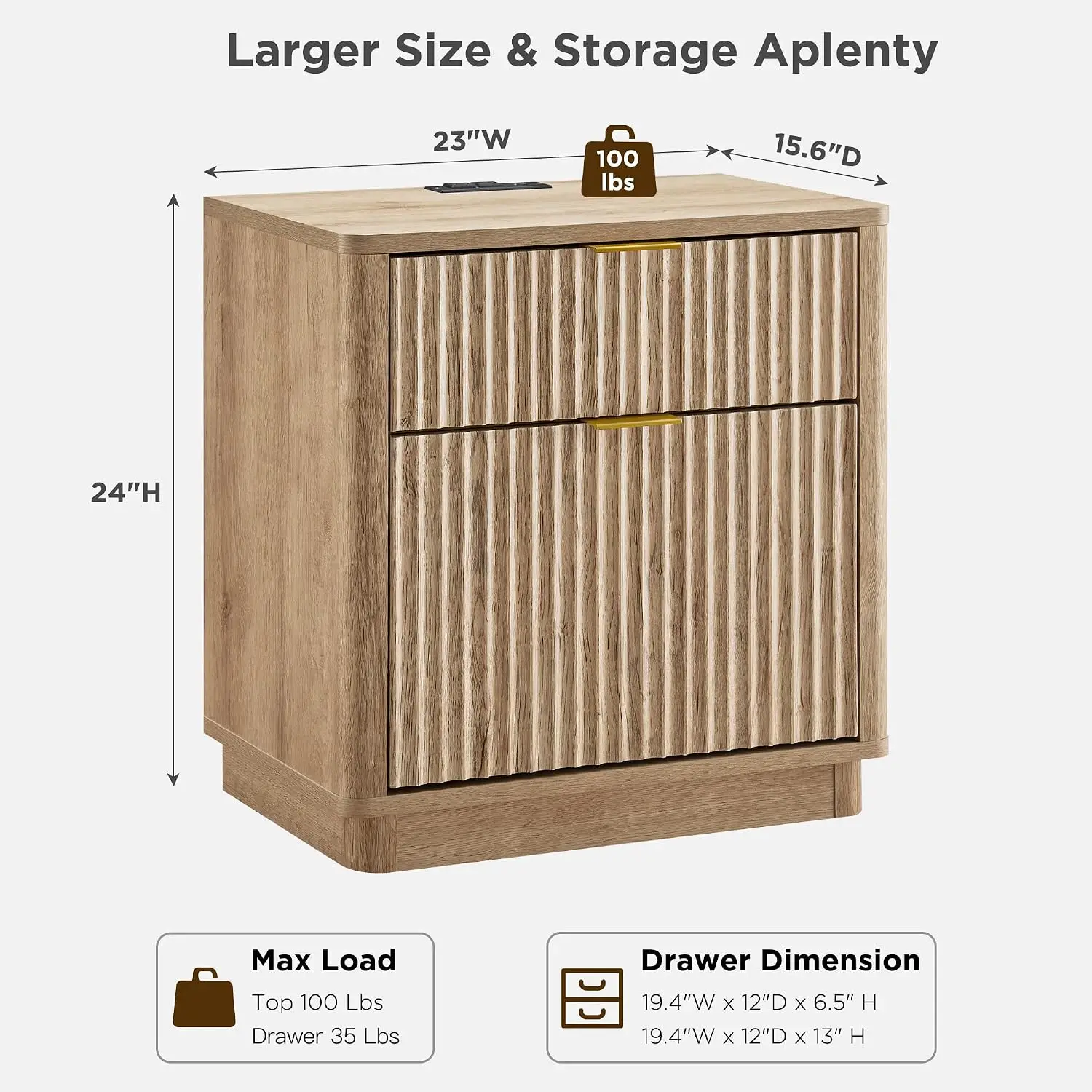 23 Inch Fluted Nightstand with 2 Drawers  Charging Station luxury Vintage Furniture Mid Century Curved Profile Natural Custom