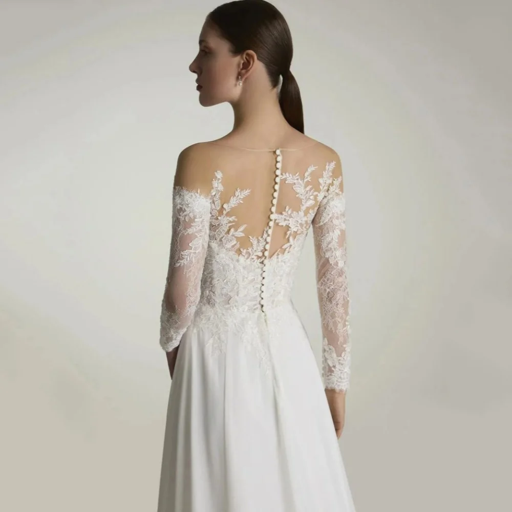 Elegante personalizado vestidos de casamento uma linha mangas compridas vestido de noiva apliques botão vestidos de noiva novia