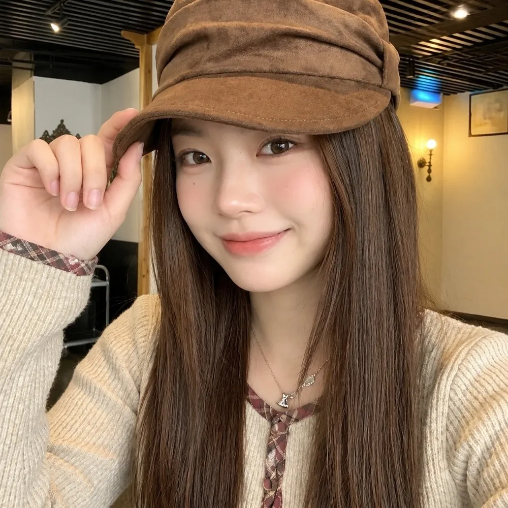 Warm Ruched Equestrian Hat Wind Resistant Adjustable Inner Band Octagonal Cap Crinkle Pleated Suede Vintage Literary Hat