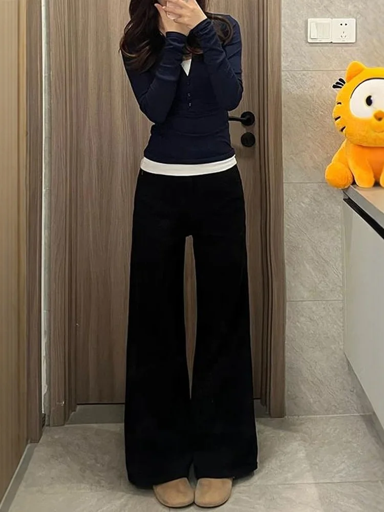 

Black High Waist Loose Fit Denim Jeans Women's Bell Bottom Pants Straight Leg Jeans Casual Wear Comfortable Stretch Denim